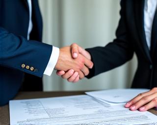 Two business people shaking hands over a building blueprint